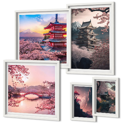 5 paveikslų rinkinys su rėmais Japoniški peizažai su vyšnių medžiais