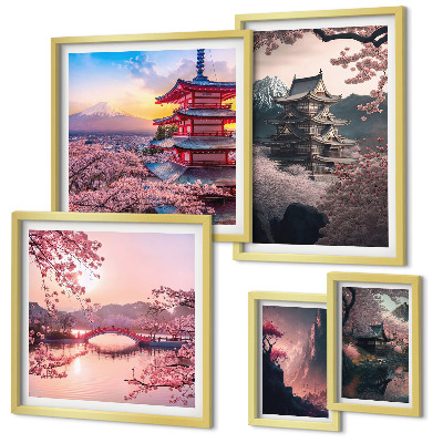 5 paveikslų rinkinys su rėmais Japoniški peizažai su vyšnių medžiais