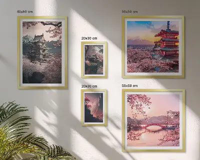 Japoniški peizažai su vyšnių medžiais 5 paveikslų rinkinys su rėmais