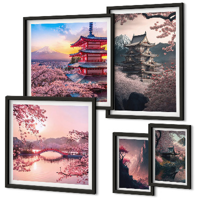 5 paveikslų rinkinys su rėmais Japoniški peizažai su vyšnių medžiais