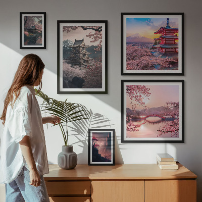 5 paveikslų rinkinys su rėmais Japoniški peizažai su vyšnių medžiais