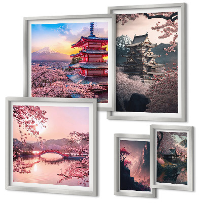 5 paveikslų rinkinys su rėmais Japoniški peizažai su vyšnių medžiais