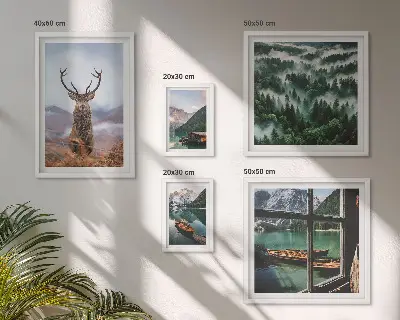 5 paveikslų rinkinys su rėmais gamta su laukiniais gyvūnais ir kalnais