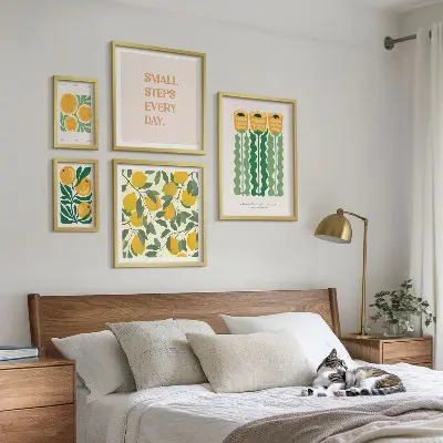 5 paveikslų rinkinys su rėmais gėlės, citrusiniai vaisiai ir teigiami šūkiai