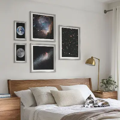 Kosminių galaktikos peizažų paveikslų rinkinys 5 dalių komplektas su rėmais