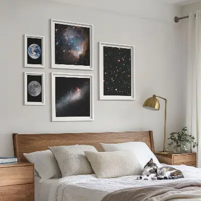 Kosminių galaktikos peizažų paveikslų rinkinys 5 dalių komplektas su rėmais