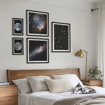 Kosminių galaktikos peizažų paveikslų rinkinys 5 dalių komplektas su rėmais
