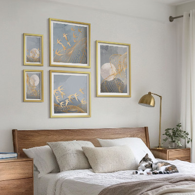 5 paveikslų rinkinys su rėmais Abstrakčios bangos ir paukščiai