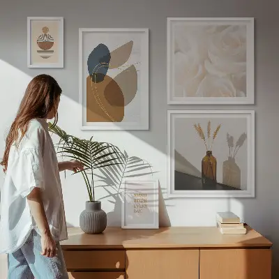 Paveikslų rinkinys miegamajam boho stiliaus augalų dekoracijos
