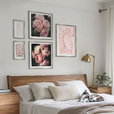 5 paveikslų rinkinys su rėmais Rožinės gėlės bohemiško stiliaus