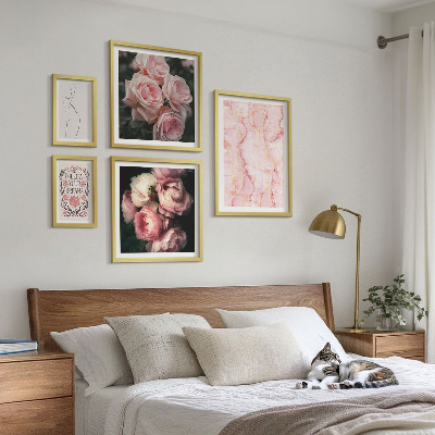 5 paveikslų rinkinys su rėmais Rožinės gėlės bohemiško stiliaus