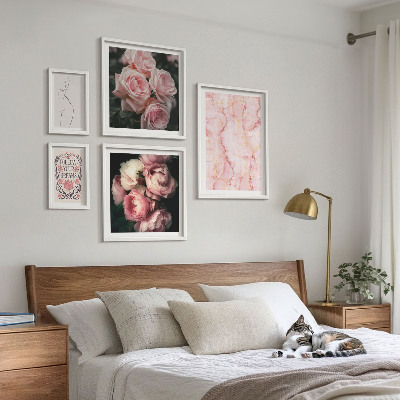 5 paveikslų rinkinys su rėmais Rožinės gėlės bohemiško stiliaus