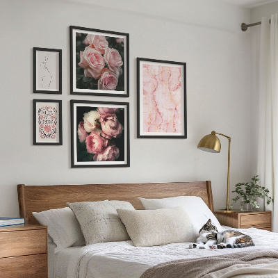 5 paveikslų rinkinys su rėmais Rožinės gėlės bohemiško stiliaus