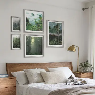 5 paveikslų rinkinys su rėmais žali peizažai su miško ir augmenijos motyvais