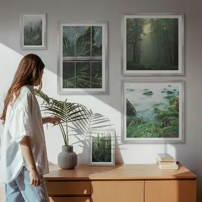 5 paveikslų rinkinys su rėmais žali peizažai su miško ir augmenijos motyvais