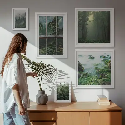 5 paveikslų rinkinys su rėmais žali peizažai su miško ir augmenijos motyvais