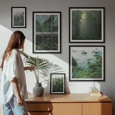 5 paveikslų rinkinys su rėmais žali peizažai su miško ir augmenijos motyvais
