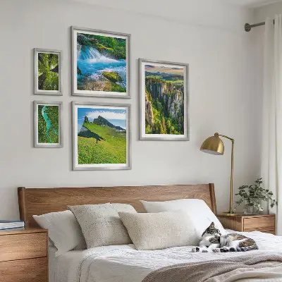 5 paveikslų rinkinys su rėmais peizažai su kalnų, upių ir miškų vaizdais