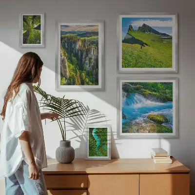 5 paveikslų rinkinys su rėmais peizažai su kalnų, upių ir miškų vaizdais
