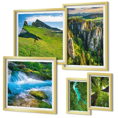 5 paveikslų rinkinys su rėmais peizažai su kalnų, upių ir miškų vaizdais