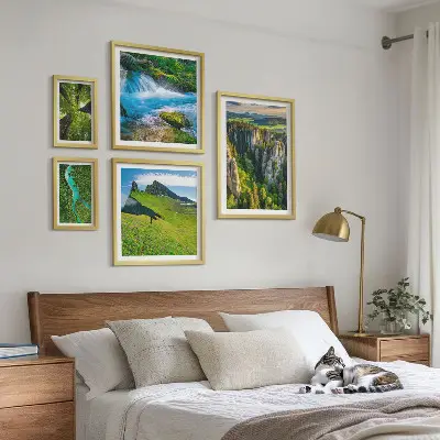 5 paveikslų rinkinys su rėmais peizažai su kalnų, upių ir miškų vaizdais