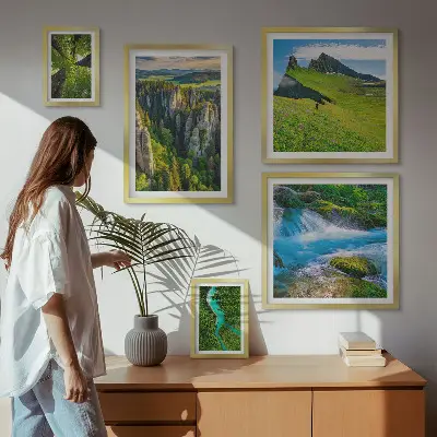 5 paveikslų rinkinys su rėmais peizažai su kalnų, upių ir miškų vaizdais
