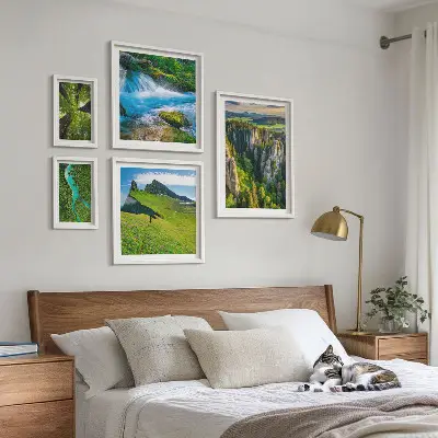 5 paveikslų rinkinys su rėmais peizažai su kalnų, upių ir miškų vaizdais