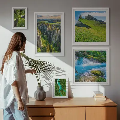 5 paveikslų rinkinys su rėmais peizažai su kalnų, upių ir miškų vaizdais