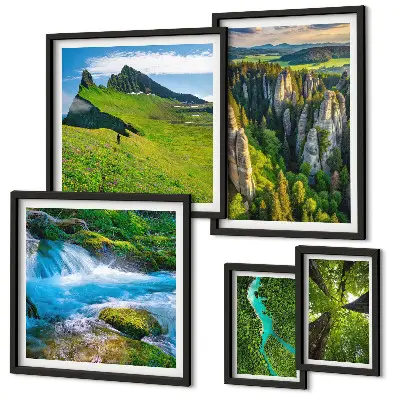 5 paveikslų rinkinys su rėmais peizažai su kalnų, upių ir miškų vaizdais