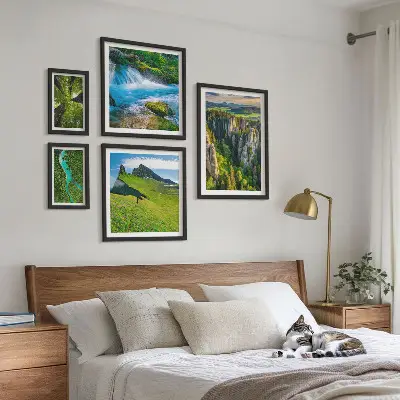 5 paveikslų rinkinys su rėmais peizažai su kalnų, upių ir miškų vaizdais