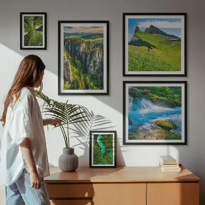 5 paveikslų rinkinys su rėmais peizažai su kalnų, upių ir miškų vaizdais