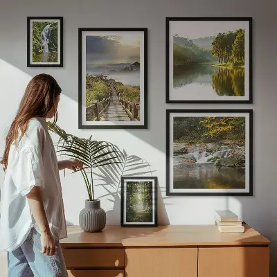 5 paveikslų rinkinys su rėmais natūralūs peizažai su kriokliais ir miško takais