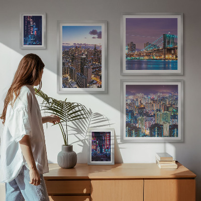 5 paveikslų rinkinys su rėmais Neoninių šviesų naktiniai miesto peizažai