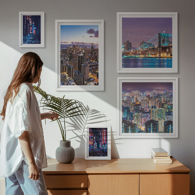 5 paveikslų rinkinys su rėmais Neoninių šviesų naktiniai miesto peizažai