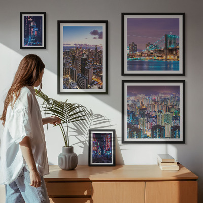 5 paveikslų rinkinys su rėmais Neoninių šviesų naktiniai miesto peizažai