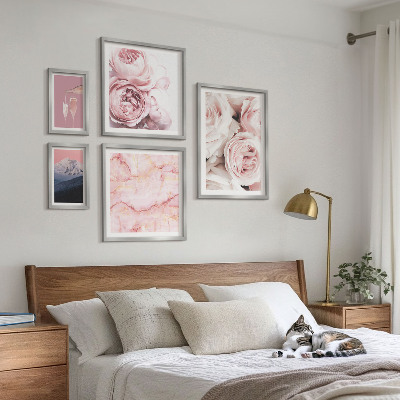 5 paveikslų rinkinys su rėmais Elegantiškas rožinių gėlių akcentas