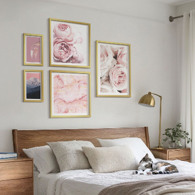 5 paveikslų rinkinys su rėmais Elegantiškas rožinių gėlių akcentas