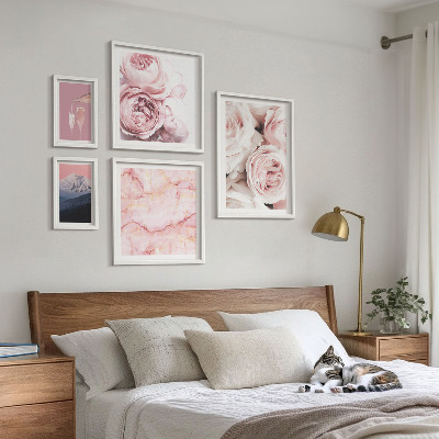 5 paveikslų rinkinys su rėmais Elegantiškas rožinių gėlių akcentas