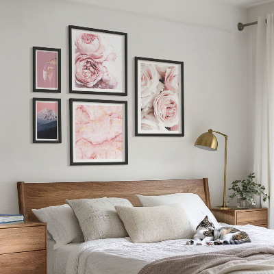 5 paveikslų rinkinys su rėmais Elegantiškas rožinių gėlių akcentas