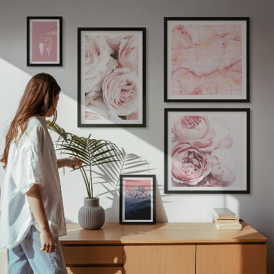 5 paveikslų rinkinys su rėmais Elegantiškas rožinių gėlių akcentas