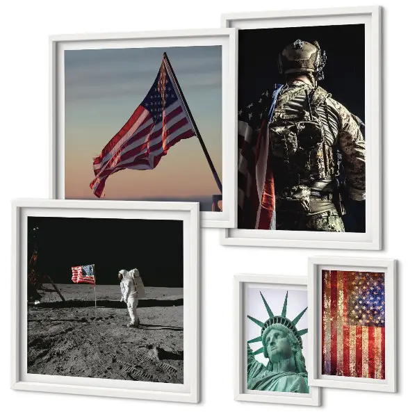 5 paveikslų rinkinys su rėmais Amerikos istorijos simbolikos tema
