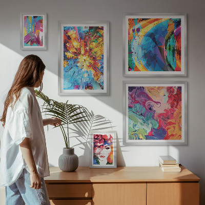 5 paveikslų rinkinys su rėmais Abstraktios spalvingos kompozicijos