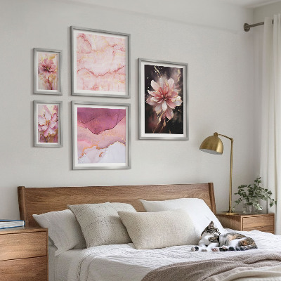 5 paveikslų rinkinys su rėmais Rožinių gėlių kompozicijos