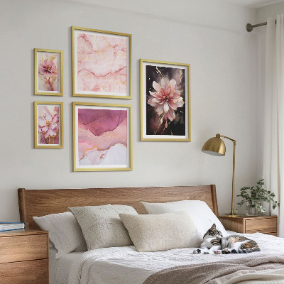 5 paveikslų rinkinys su rėmais Rožinių gėlių kompozicijos