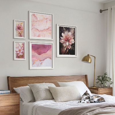 5 paveikslų rinkinys su rėmais Rožinių gėlių kompozicijos