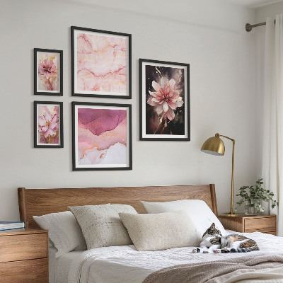 5 paveikslų rinkinys su rėmais Rožinių gėlių kompozicijos