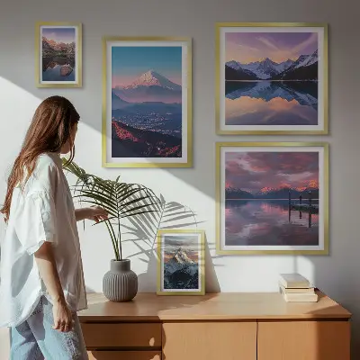 5 paveikslų rinkinys su rėmais kalnų vaizdai su vaizdingomis viršukalnėmis