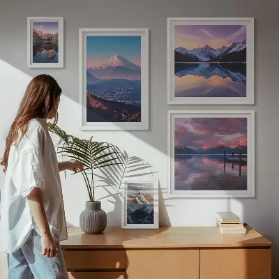 5 paveikslų rinkinys su rėmais kalnų vaizdai su vaizdingomis viršukalnėmis