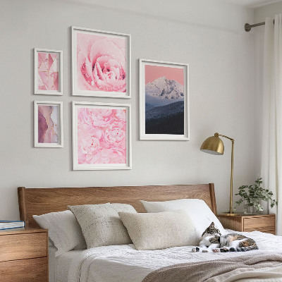 5 paveikslų rinkinys su rėmais Rožiniai peizažai šiuolaikinės gėlės