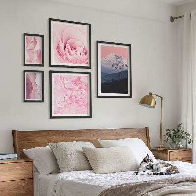 5 paveikslų rinkinys su rėmais Rožiniai peizažai šiuolaikinės gėlės